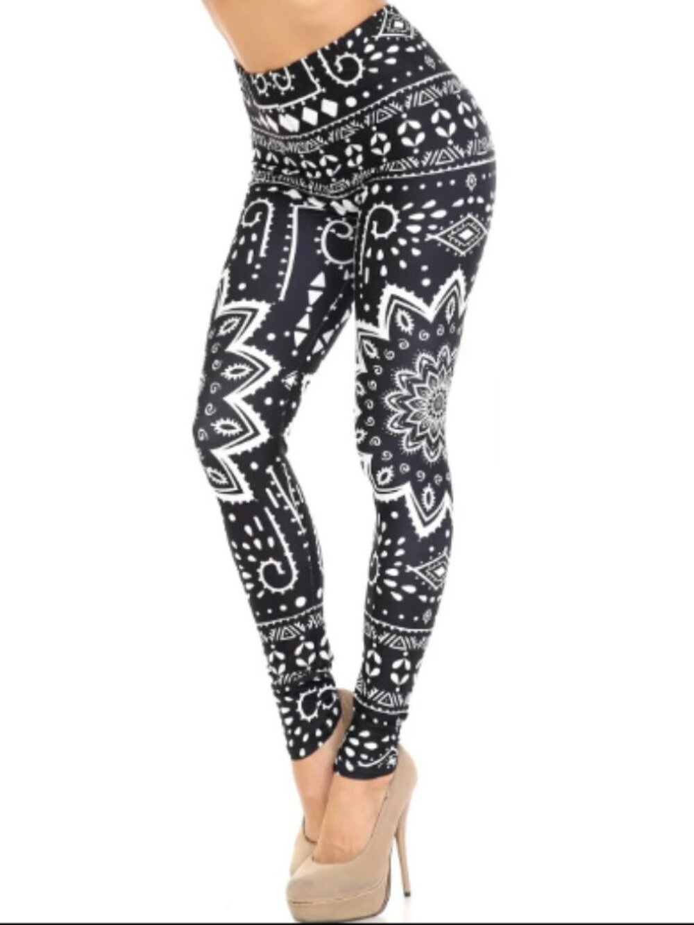 Women's Black & White Tribal Mandala Full Length Leggings~L-XL